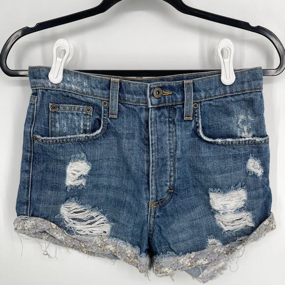 Carmar Button Fly Jean Shorts Womens Sz 26 Hi Rise Distressed Cuffed Blue Denim - Picture 1 of 9